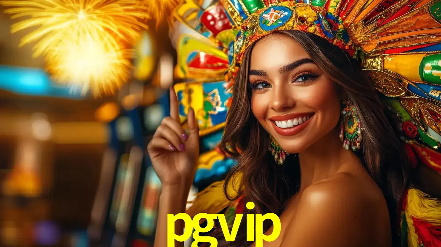 Mulher sorridente com um cocar de carnaval vibrante e colorido, celebrando uma grande vitória nos jogos do cassino pgvip com fogos de artifício ao fundo.