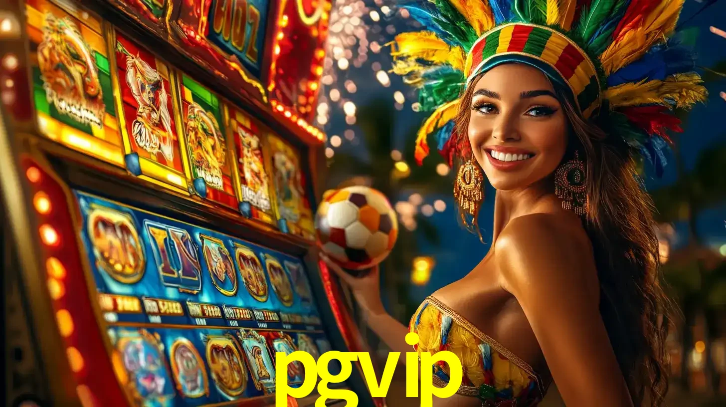 Mulher com um cocar de carnaval ao lado de uma máquina de caça-níqueis enquanto segura uma bola de futebol, mostrando a união da diversão de cassino e esportes no pgvip.