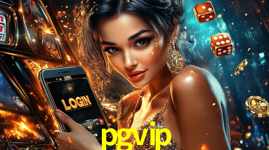 Mulher glamourosa segurando um celular com a tela de login do cassino pgvip, rodeada por dados e moedas douradas, pronta para começar a diversão.