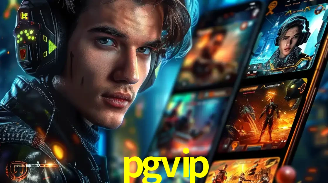 Jovem jogador com fones de ouvido olhando para a câmera, com um aplicativo de jogos e e-sports para celular ao fundo, pronto para a competição e apostas no pgvip.