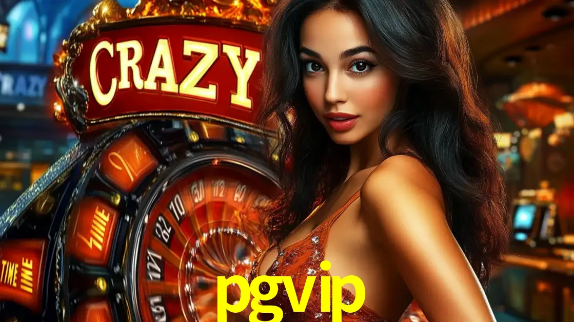 Mulher glamourosa olhando para a câmera com a roda vermelha do Crazy Time ao fundo em um ambiente de cassino, destacando a emoção dos jogos ao vivo no pgvip.