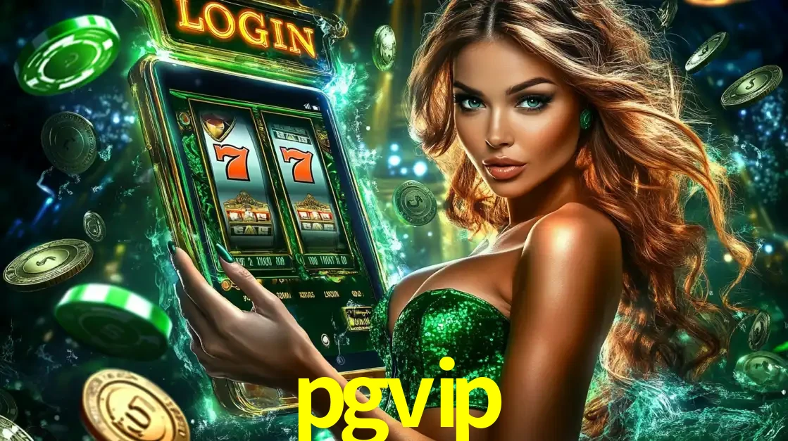 Mulher com tema verde apresentando o aplicativo do cassino pgvip com um jogo de slot de 777, cercada por fichas de cassino e uma aura de sorte.