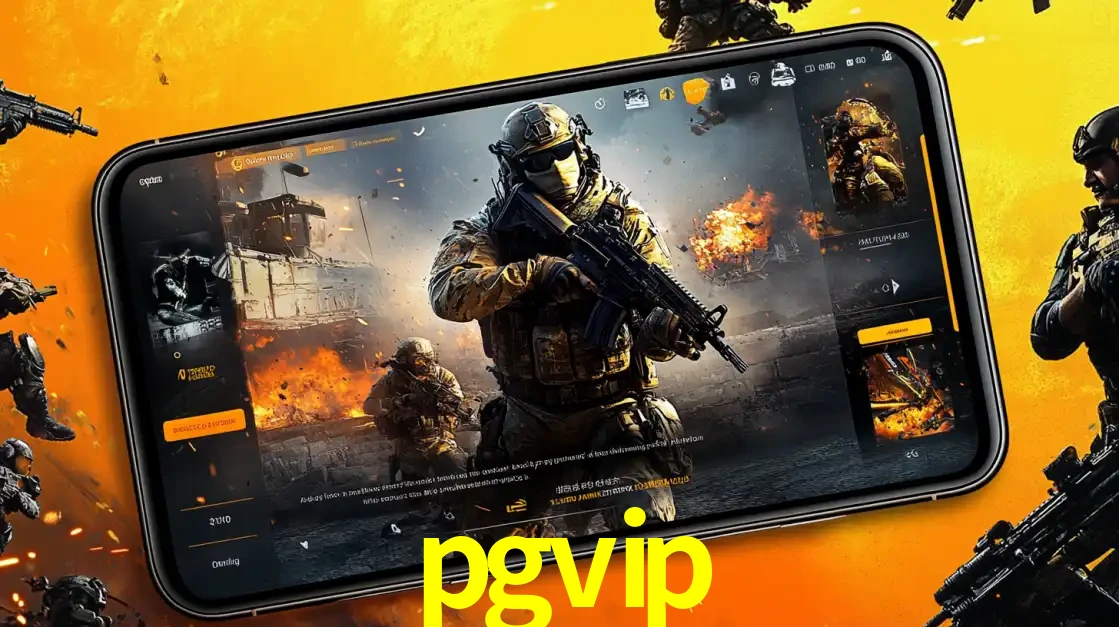 Um smartphone exibindo a interface de um jogo de tiro em primeira pessoa, com um soldado em um cenário de batalha, representando a ação dos e-sports para apostar no pgvip.