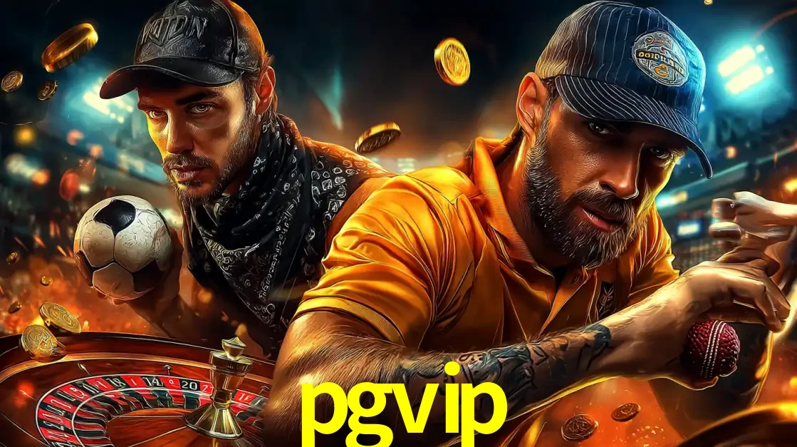 Montagem de apostas esportivas e cassino no pgvip, com um homem segurando uma bola de futebol e outro uma de beisebol sobre uma roleta e moedas voadoras.