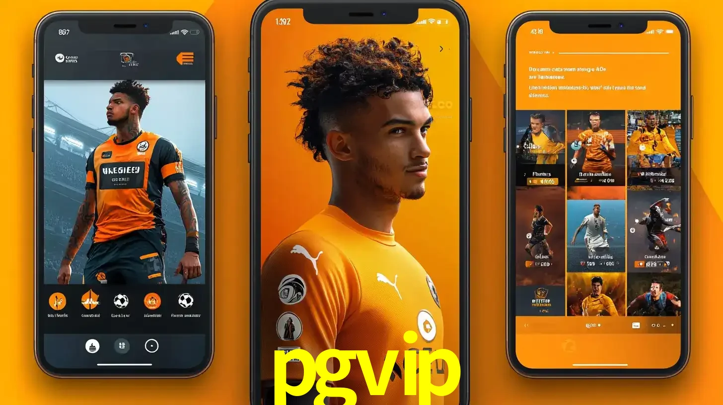 Interface do aplicativo de apostas esportivas pgvip em três telas de celular, mostrando o perfil de um jogador de futebol e a lista de jogos disponíveis para apostar.