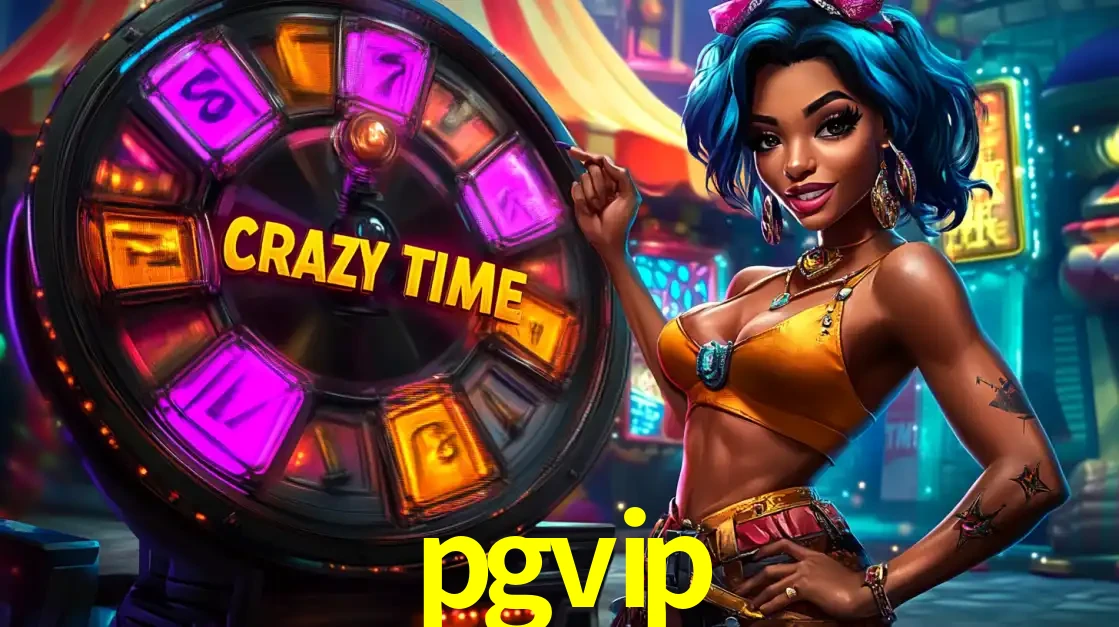 Mulher estilizada com cabelo azul e visual vibrante posando ao lado da roda de prêmios do game show Crazy Time, convidando para a diversão e os bônus do cassino pgvip.