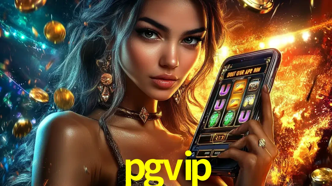 Mulher elegante mostrando um jogo de caça-níqueis em seu smartphone, destacando a experiência de cassino móvel oferecida pelo aplicativo pgvip.