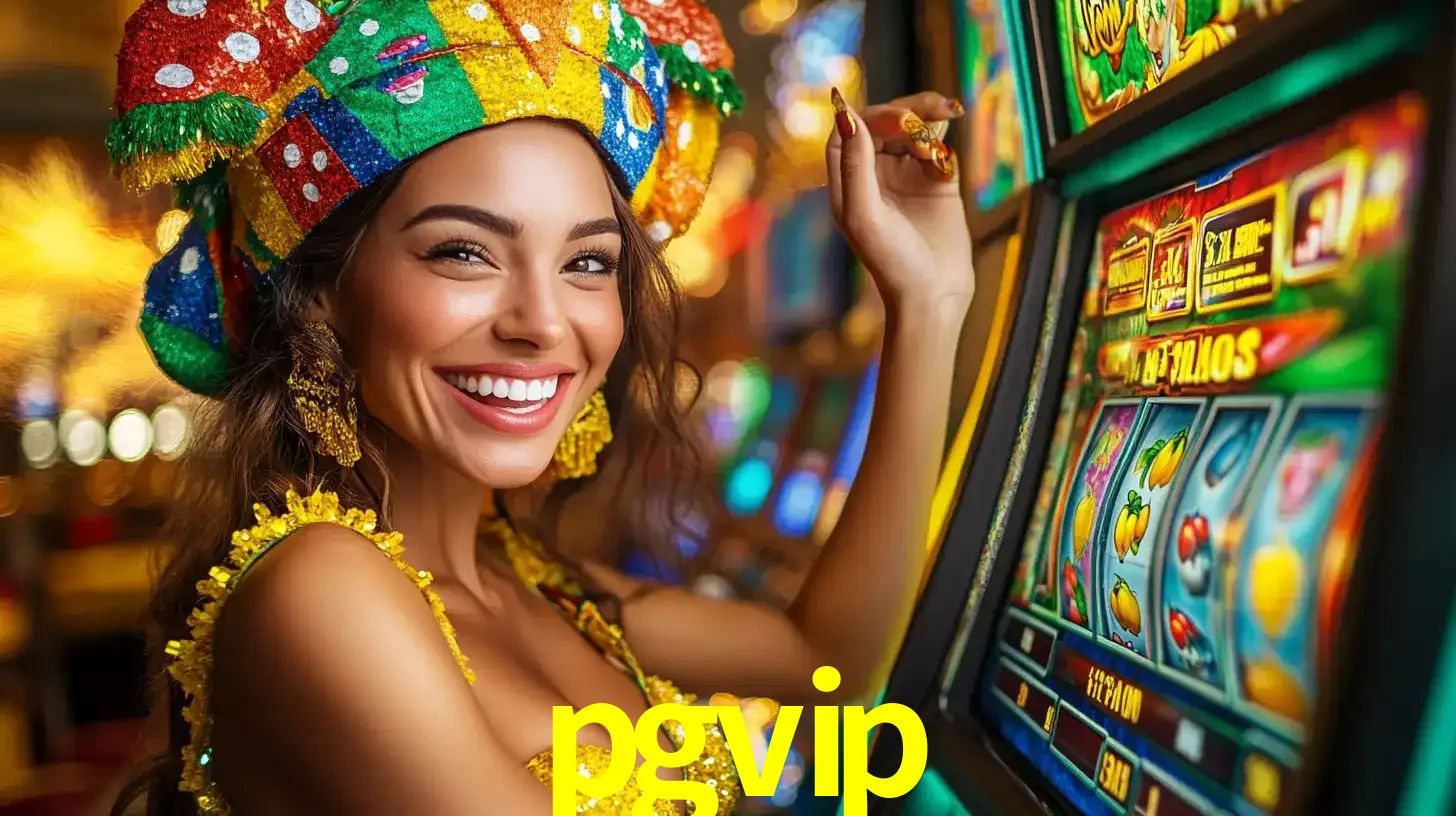 Mulher feliz com traje de carnaval amarelo e colorido ao lado de uma máquina de caça-níqueis, aproveitando a diversão e os jogos temáticos do cassino pgvip.