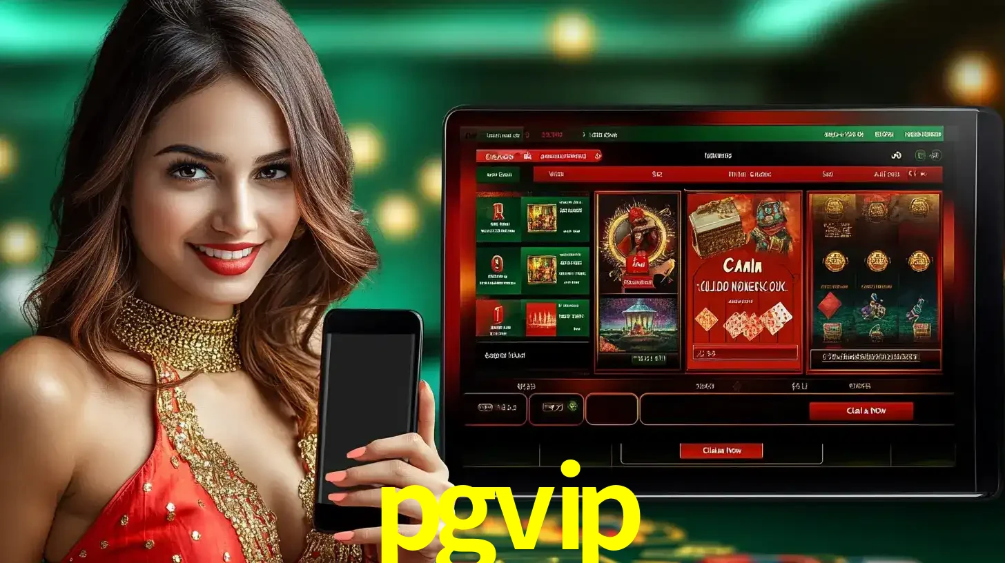 Mulher sorridente segurando um smartphone, ao lado de uma tela exibindo o lobby de jogos do cassino online pgvip, com várias opções de jogos de cartas e slots.